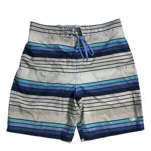 Speedo Men Swimwear XL Blue Swim Trunks Striped Logo 8" Inseam Lightweight